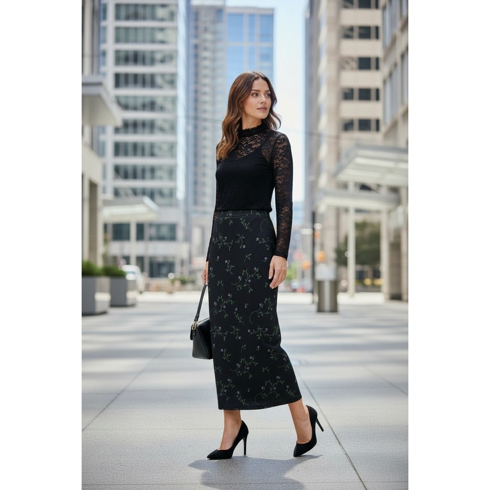 Cherokee‎ Collection Black Floral Midi Skirt Size M Petite Floral Print
